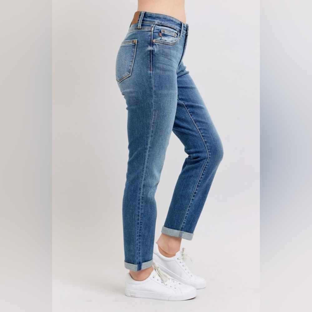 Judy Blue Mid-Rise Waist Skinny Jeans Slim Fit Denim Pants Rolled Cuff Ankle